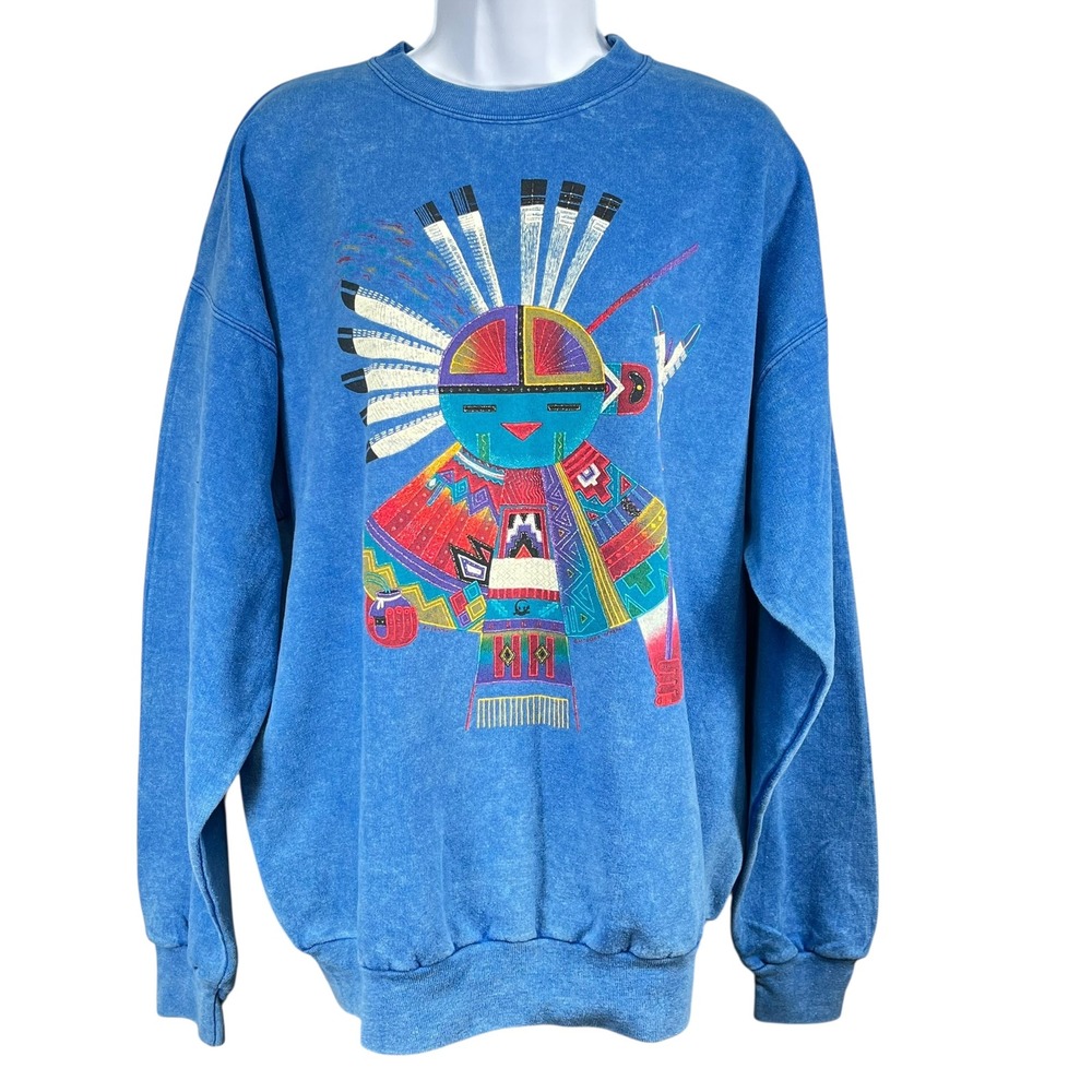 Vintage Hanes ComfortBlend Graphic Sweatshirt Blue‎ Native Art Large